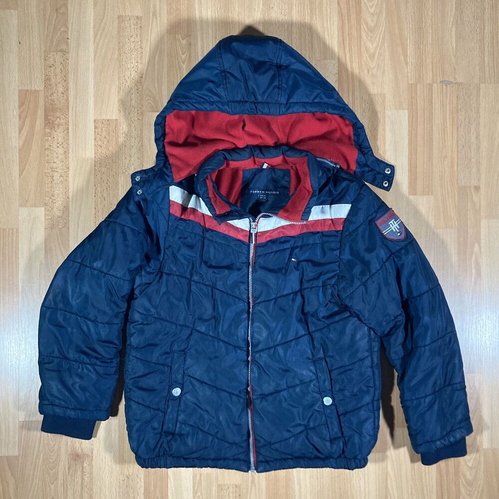 Tommy Hilfiger Navy & Red Hooded Puffer Jacket (Boy's Size L) 14-16 Full Zip EUC